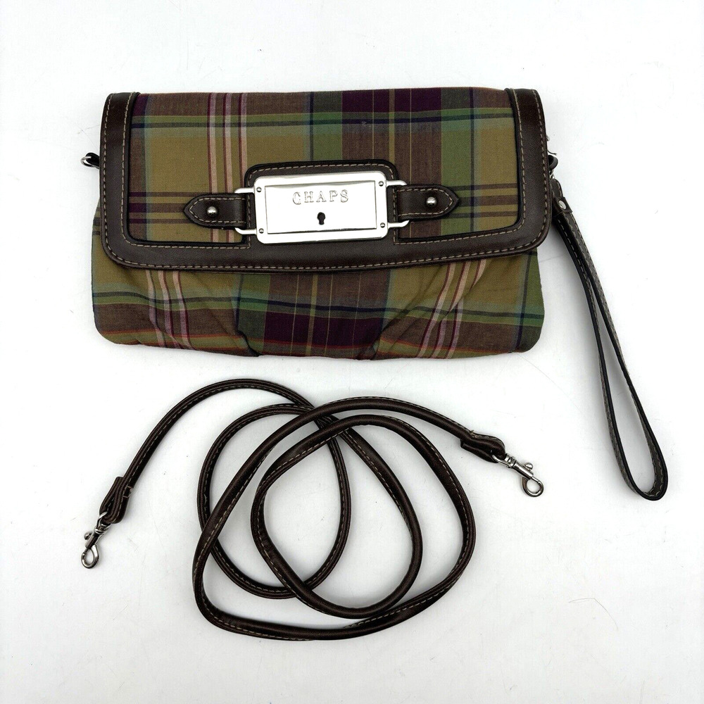 Vintage 90s Chaps Ralph Lauren Brown Purple Plaid Crossbody Wristlet Bag 9x5"